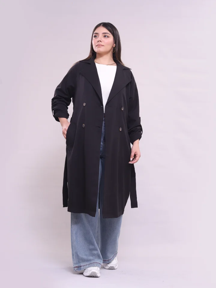 ترنچ کت زنانه نمای روبرو با دکمه باز