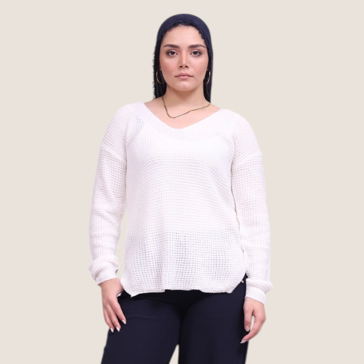 sila-womens-shaker-titch-v-neck-white-sweater-front-1200×1200 بافت قلاب بافی یقه هفت رنگ سفید نمای روبرو
