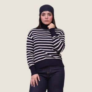 بافت زنانه راه راه یقه ایستاده سرمه ای سفید نمای روبرو