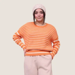 بافت زنانه راه راه یقه گرد رنگ نارنجی نمای روبرو