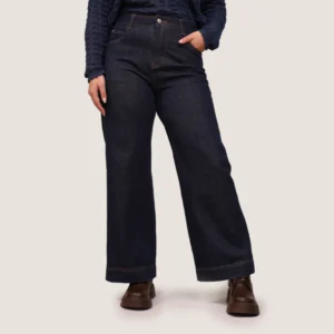 شلوار جین زنانه واید لگ فاق بلند سرمه ای تیره از نمای روبرو